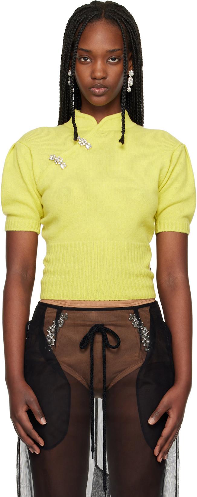 Green Embellished Mandarin Collar Cashmere Sweater by SIMONE ROCHA