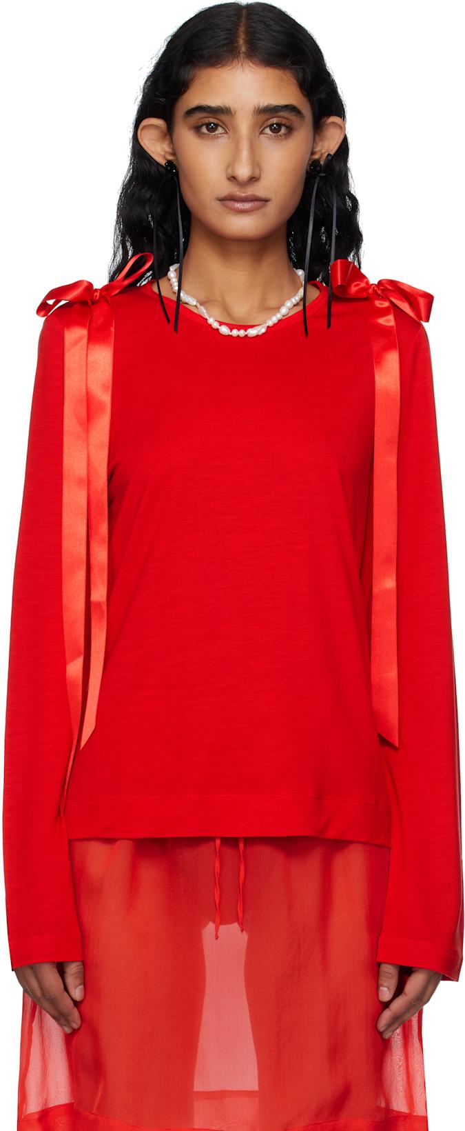 Red Bow Ribbon Tail Long Sleeve T-shirt by SIMONE ROCHA