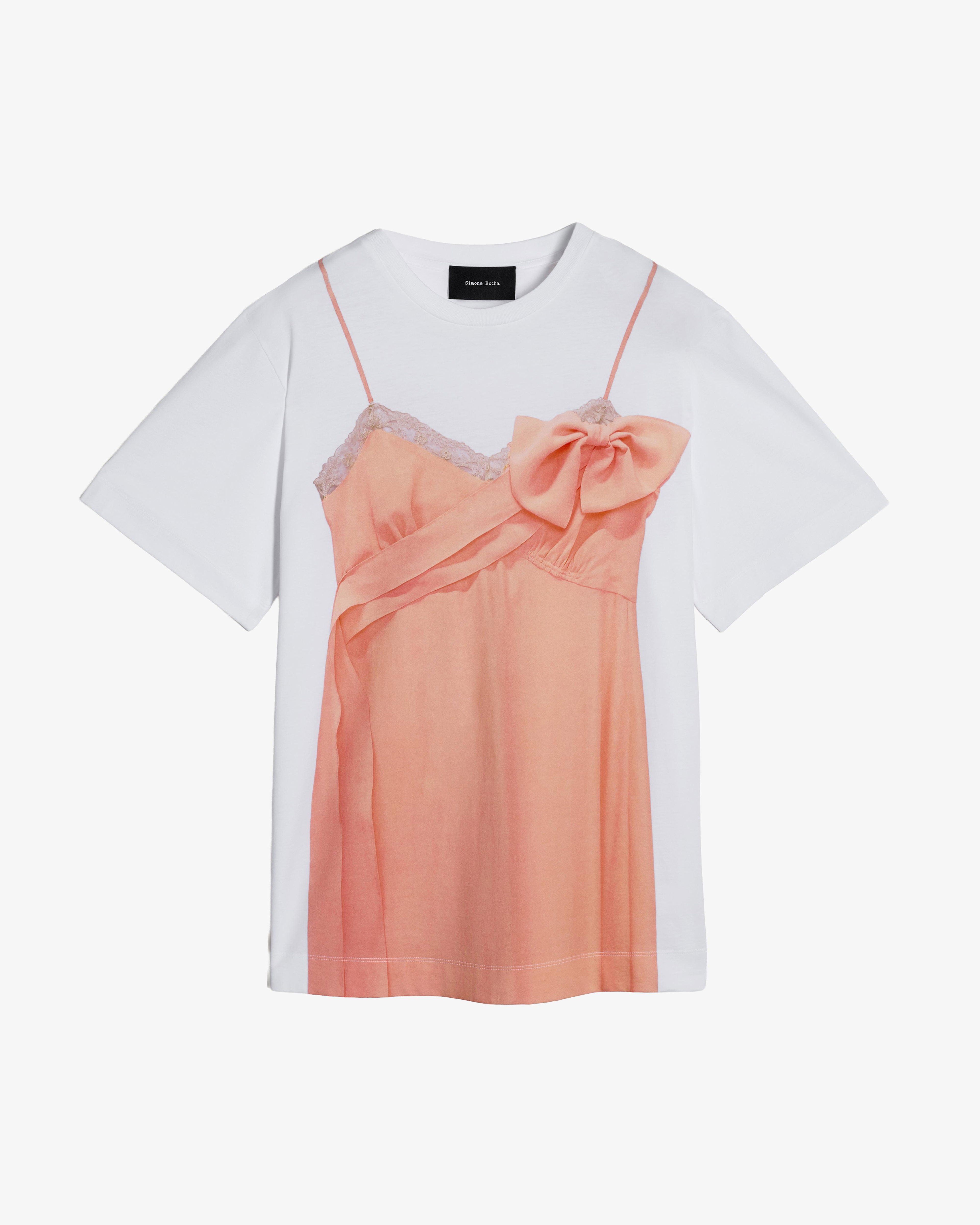 SIMONE ROCHA - Women's Bow Sash Slip Dress Trompe L'Oeil Print T-Shirt - (Pink) by SIMONE ROCHA