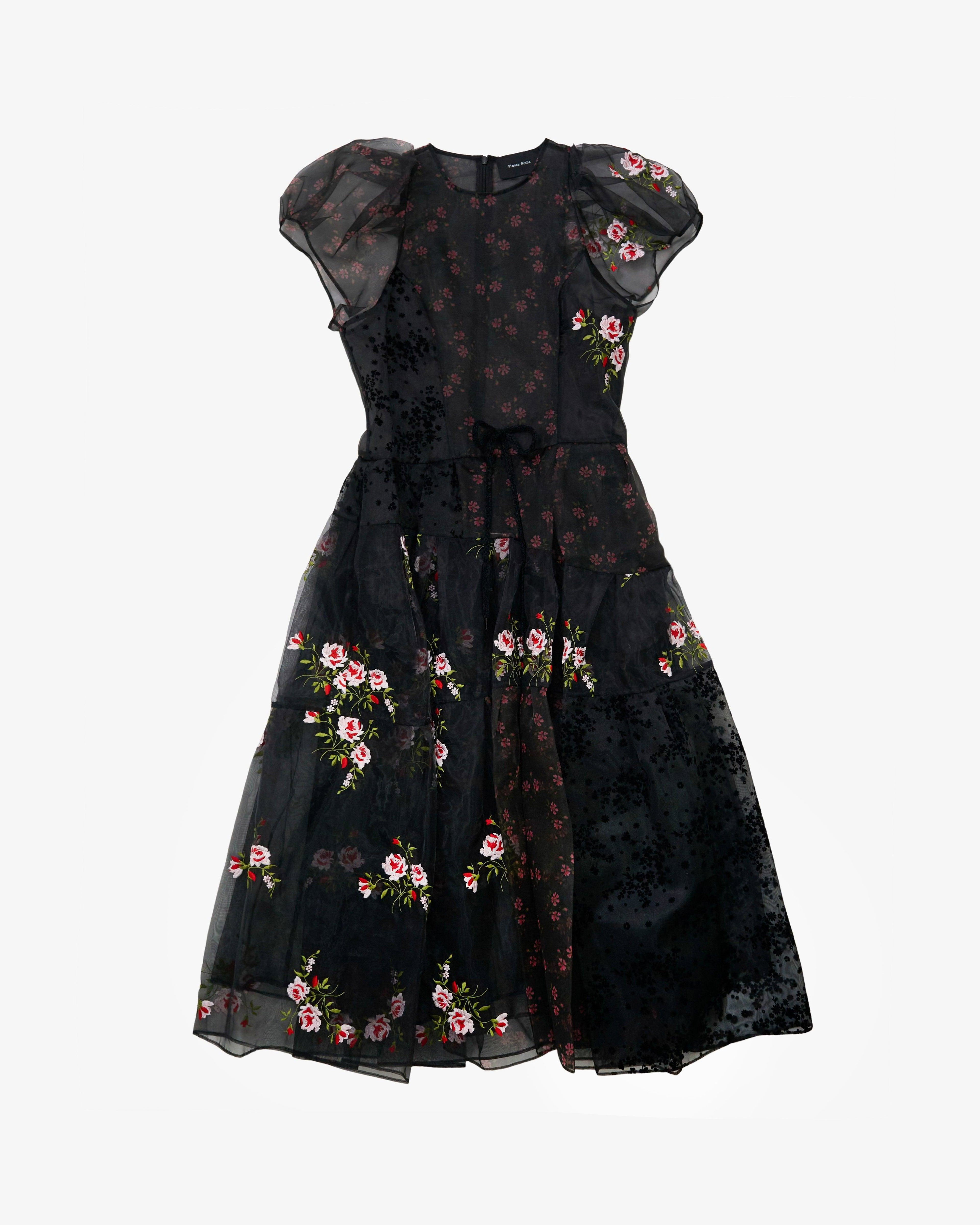 SIMONE ROCHA - Women's Sheer Puff Sleeve Patchwork Flounce Dress - (Black) by SIMONE ROCHA