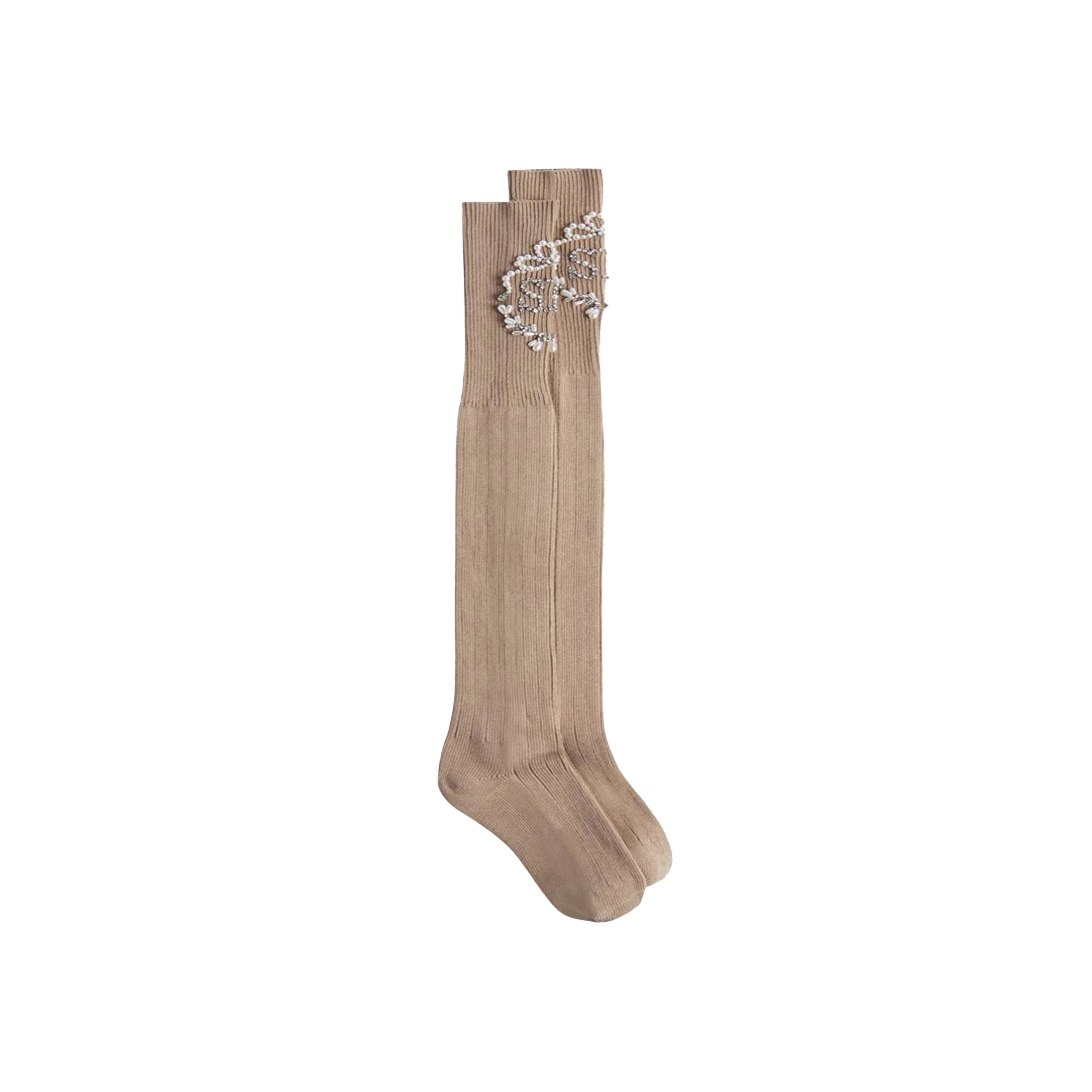 Simone Rocha - Knee High Ribbed Sock W/ Sr Embl - (Camel/Pearl/Crystal) by SIMONE ROCHA