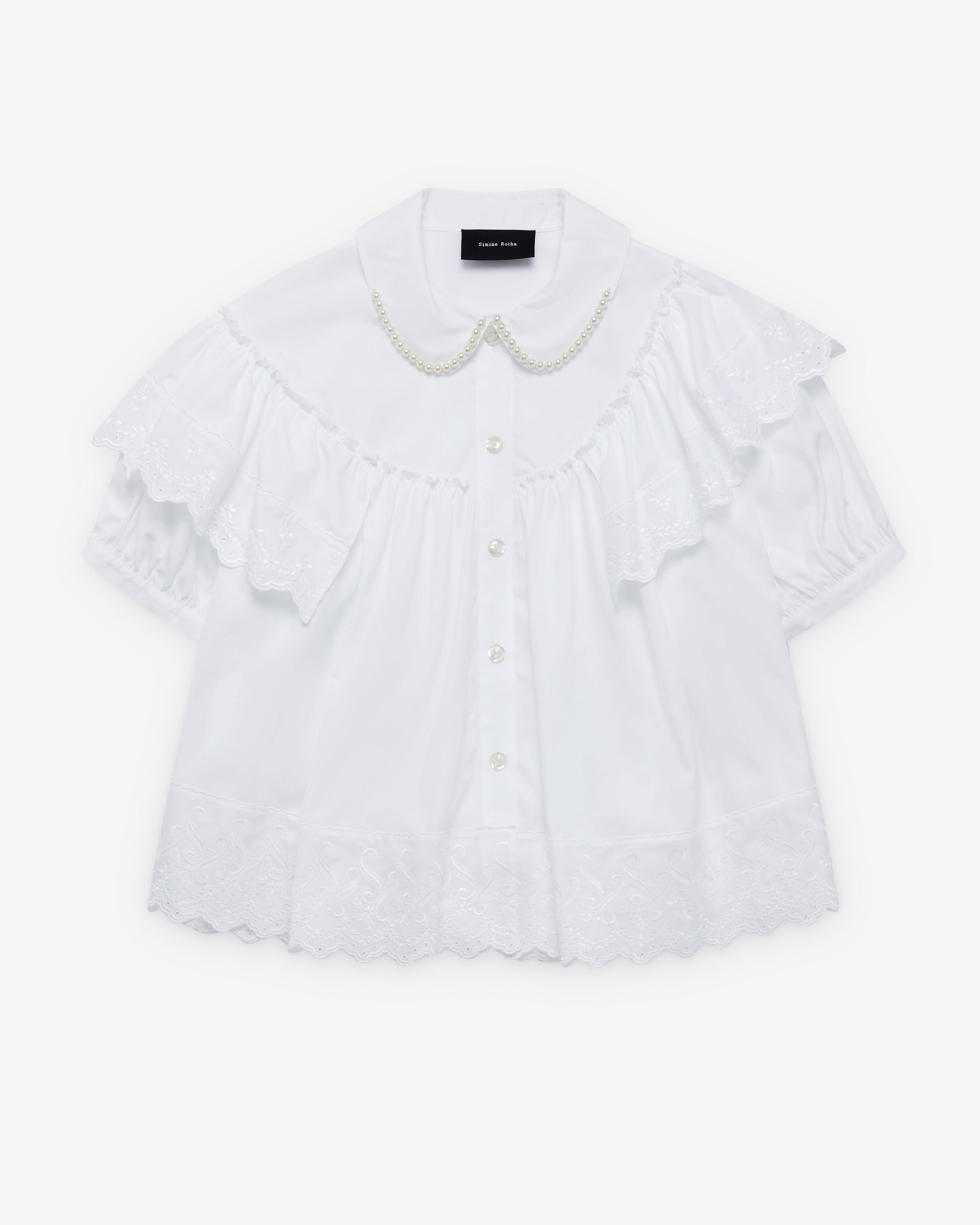 Simone Rocha - Women's Cropped Puff Sleeve Ruffle Shirt - (White/Pearl) by SIMONE ROCHA