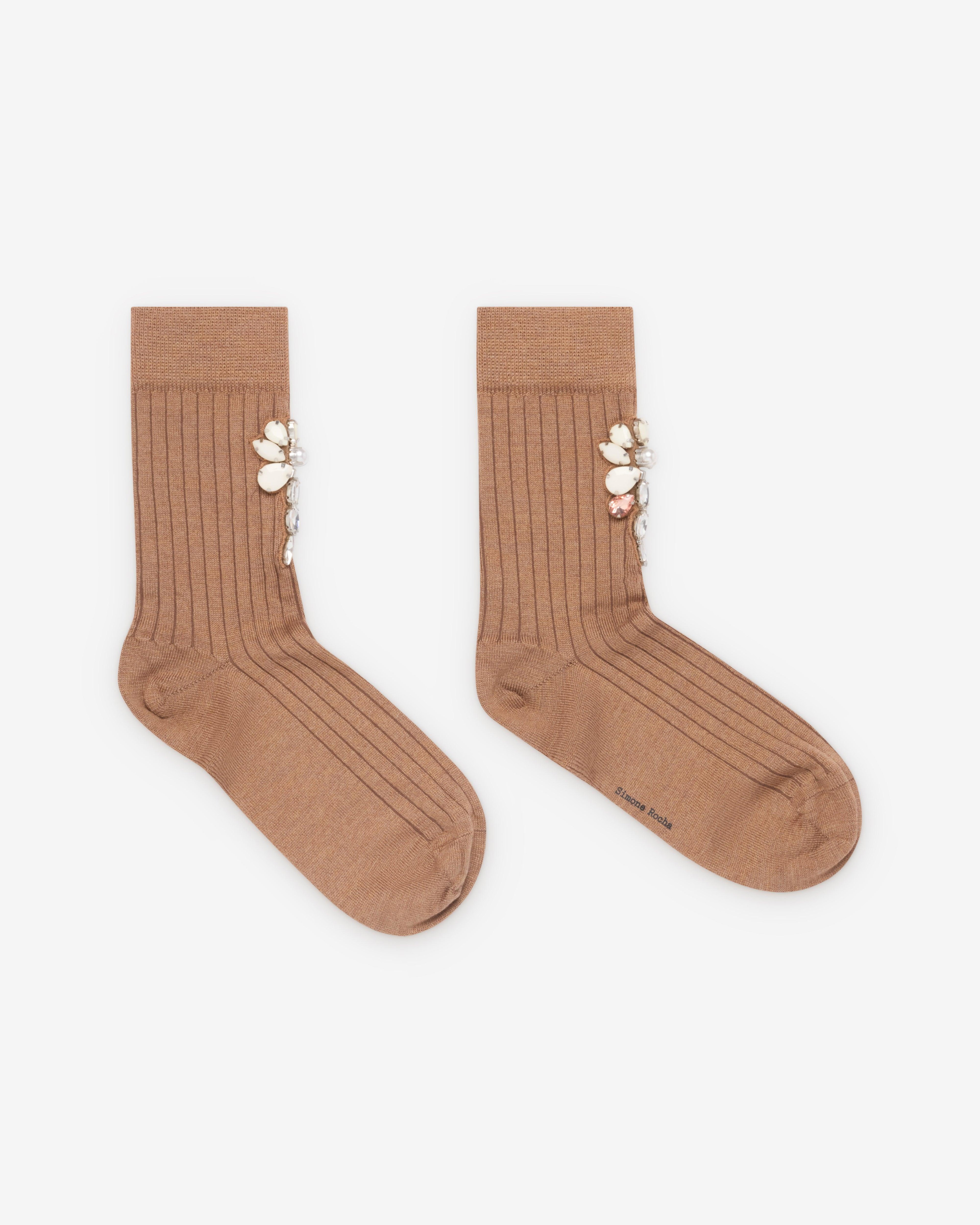 Simone Rocha - Women's Poppy Crystal Flower Ribbed Ankle Socks - (Chestnut) by SIMONE ROCHA