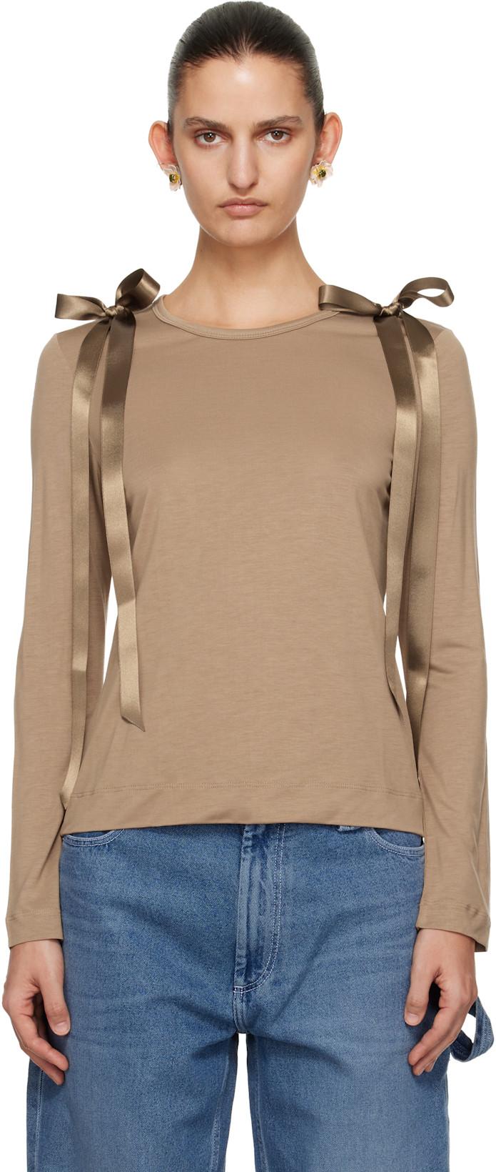 Tan Bow Ribbon Tail Long Sleeve T-shirt by SIMONE ROCHA