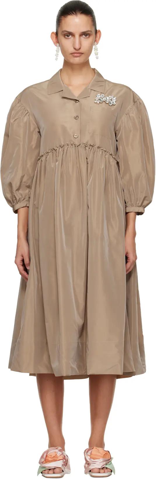 Tan Embellished Signature Smock Shirt Midi Dress by SIMONE ROCHA