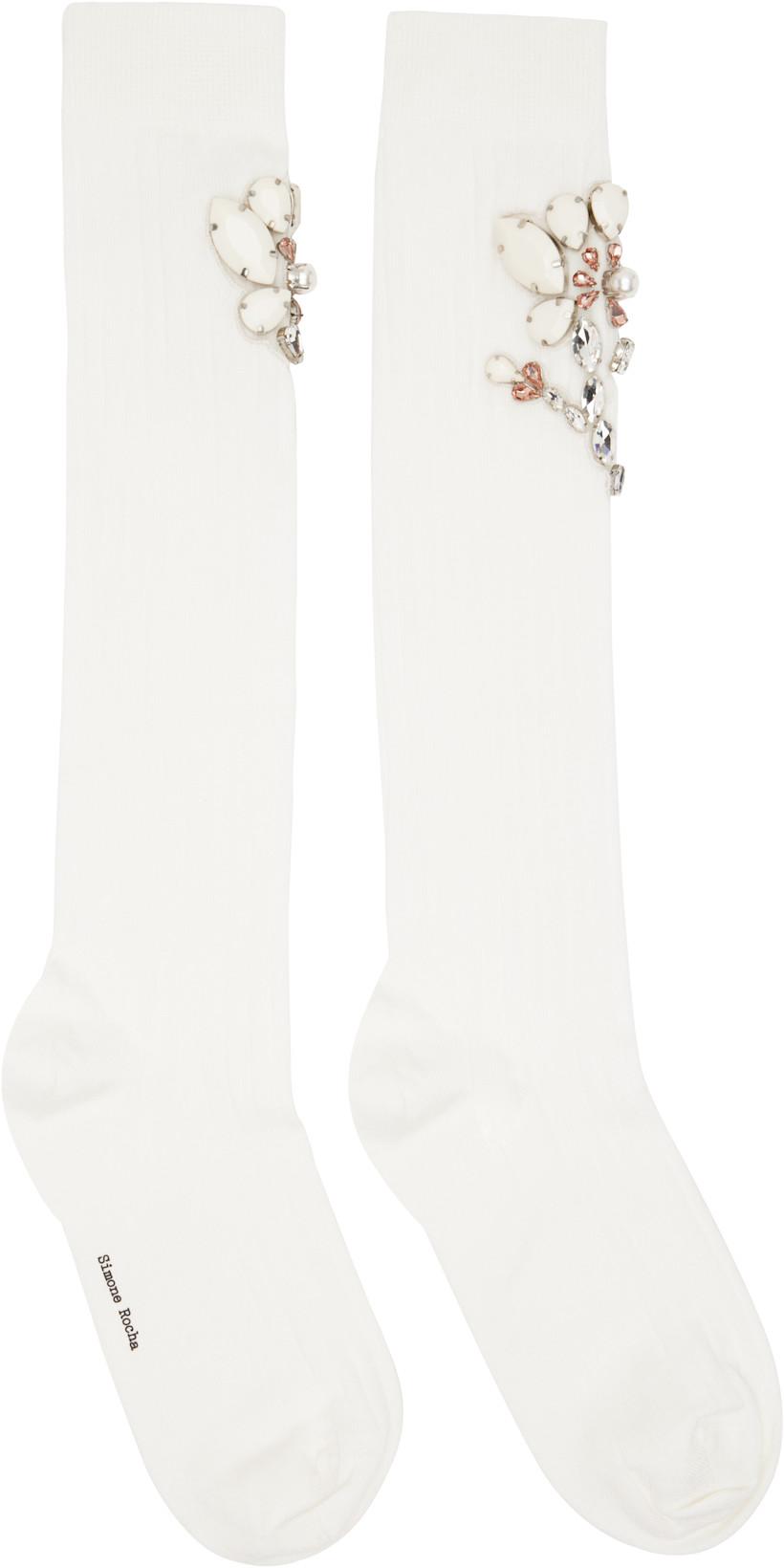 White Poppy Crystal Flower Ribbed Knee Socks by SIMONE ROCHA