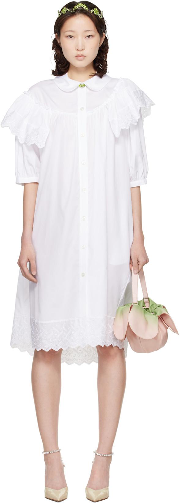 White Puff Sleeve Ruffle Frill Trim Shirt Midi Dress by SIMONE ROCHA