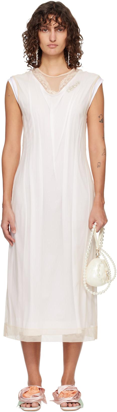 White & Beige Layered Liquid Lace Trim Midi Dress by SIMONE ROCHA