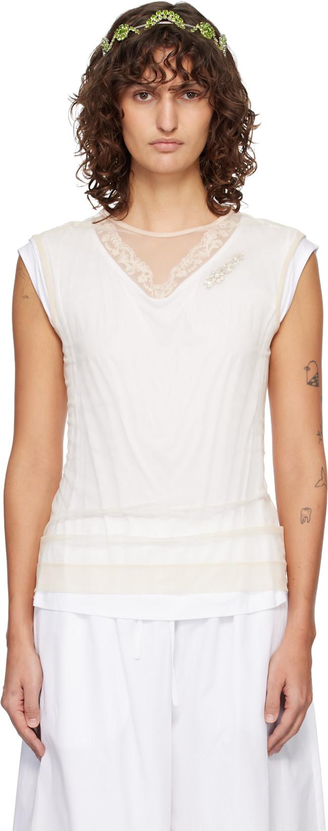 White & Beige Layered Liquid Lace Trim T-shirt by SIMONE ROCHA