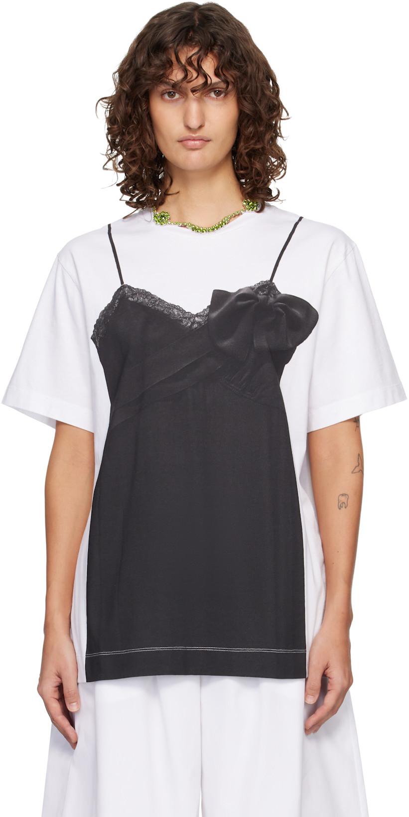 White & Black Bow Sash Slip Dress Trompe L'Oeil T-shirt by SIMONE ROCHA