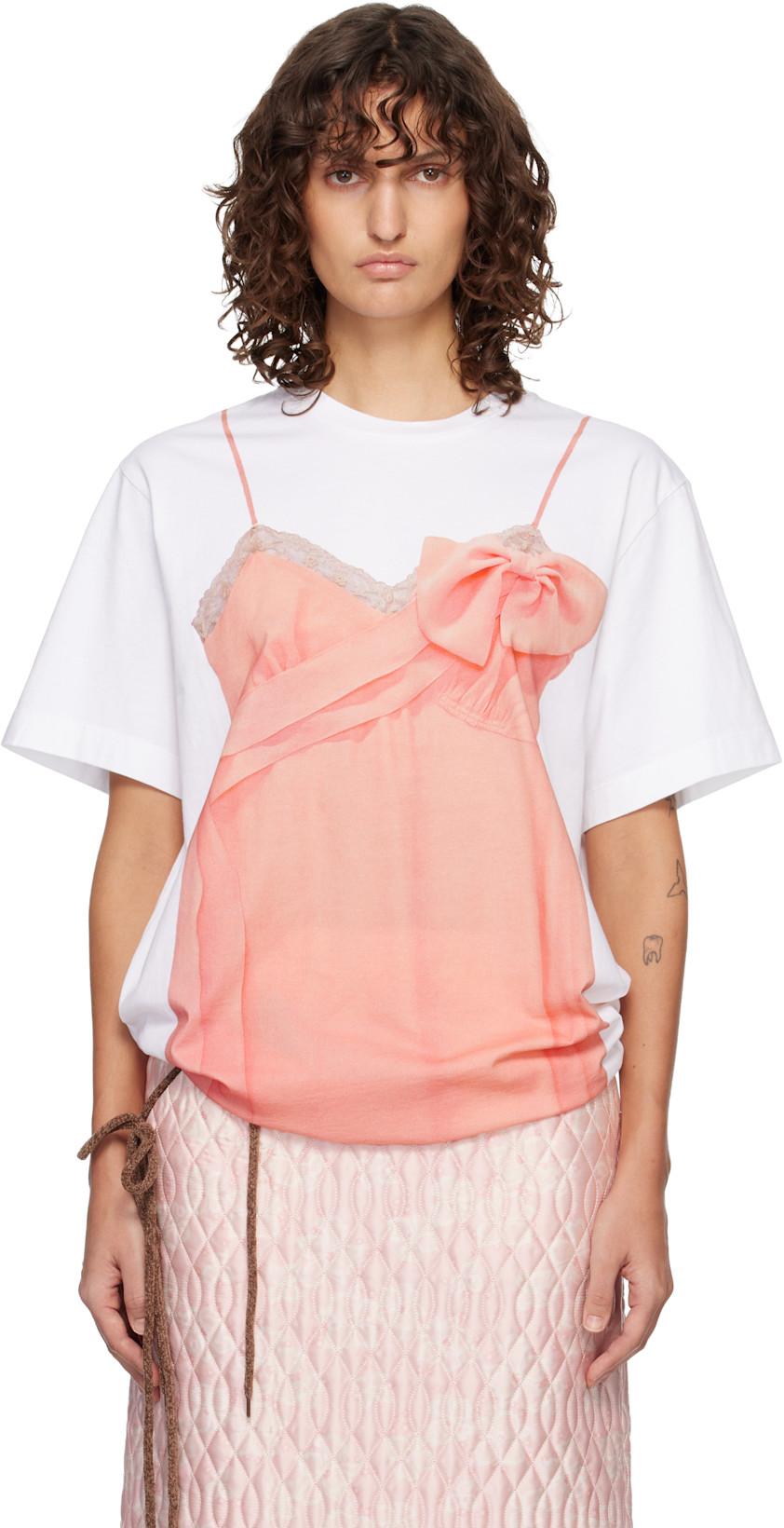 White & Pink Bow Sash Slip Dress Trompe L'Oeil T-shirt by SIMONE ROCHA