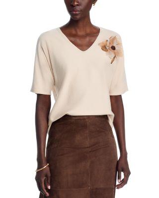 Short Sleeve V Neck Flower Embellishment Sweater by SIONI