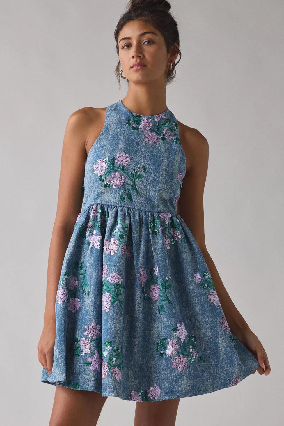 Sister Jane Azul Floral Sequin Embellished Denim Mini Dress by SISTER JANE Sister Jane Azul Floral Sequin Embellished Denim Mini Dress by SISTER JANE