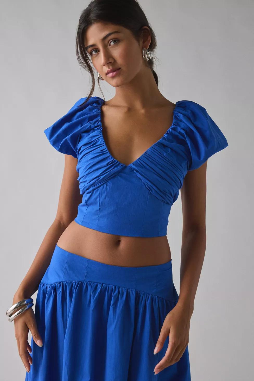 Sister Jane Blue Diary Ruched Puff Sleeve Crop Top by SISTER JANE