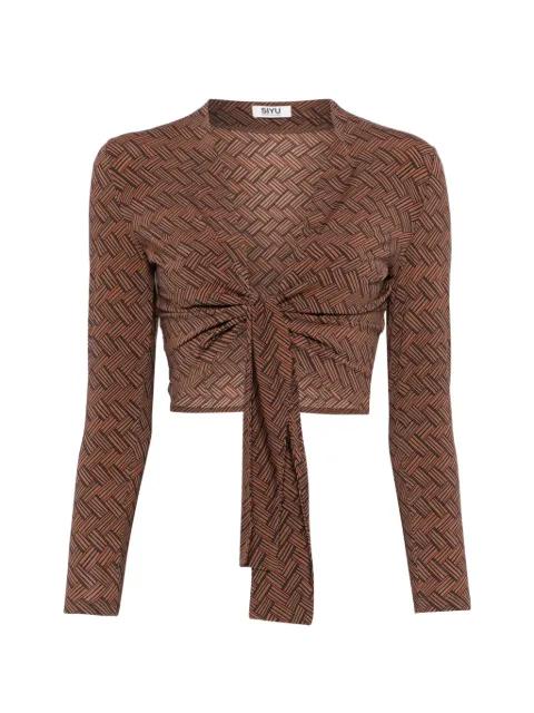 geometric-pattern tie-front blouse by SIYU