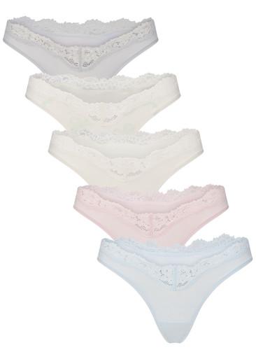 Lace-trim stretch-jersey dipped thong - set of 5 by SKIMS