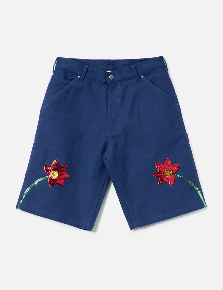Workwear Sequin Embroidered Flowers Denim Shorts by SKY HIGH FARM WORKWEAR