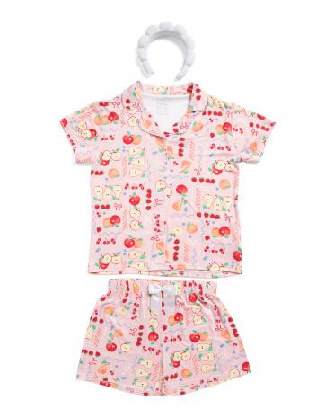 Girls 2pc Fruit Print Pajama Top And Shorts Set With Headband | Polyester/Spandex by SLEEP ON IT