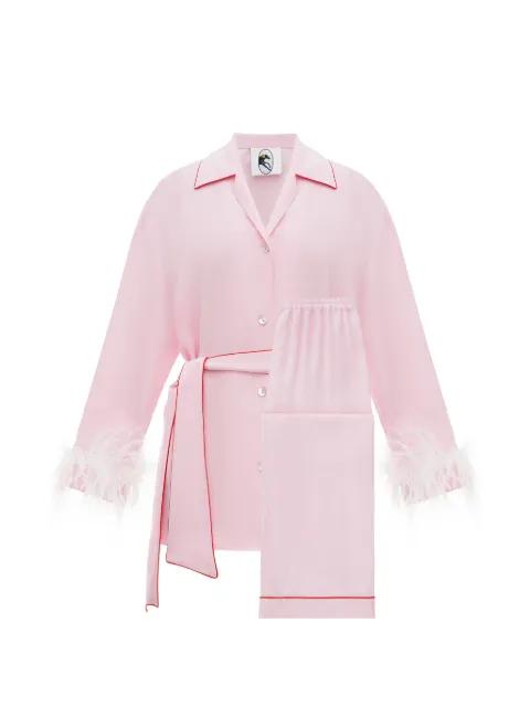 Miss Cat belted feather-detail pajama set by SLEEPER