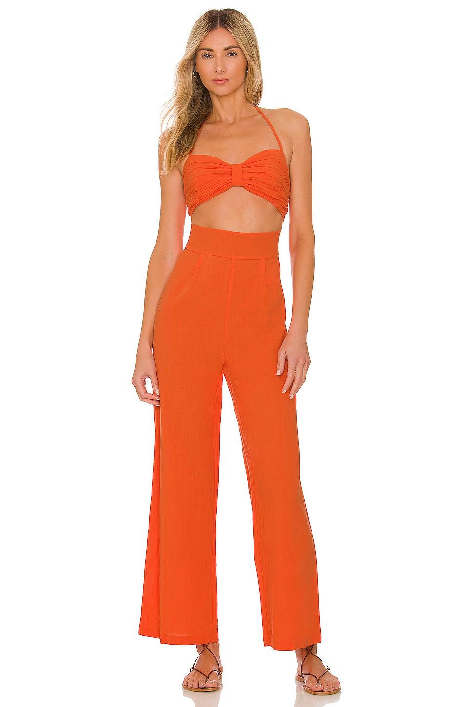 SNDYS x REVOLVE Boat Linen Jumpsuit in Tangerine by SNDYS
