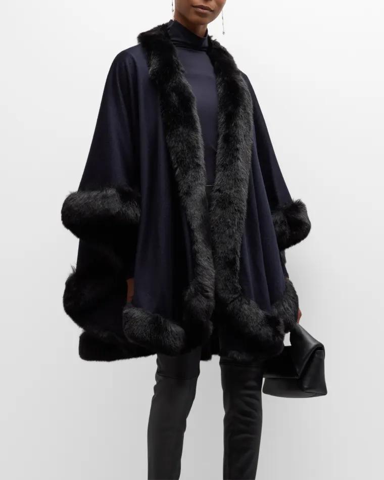Cashmere Cape With Faux Fur Trim by SOFIA CASHMERE