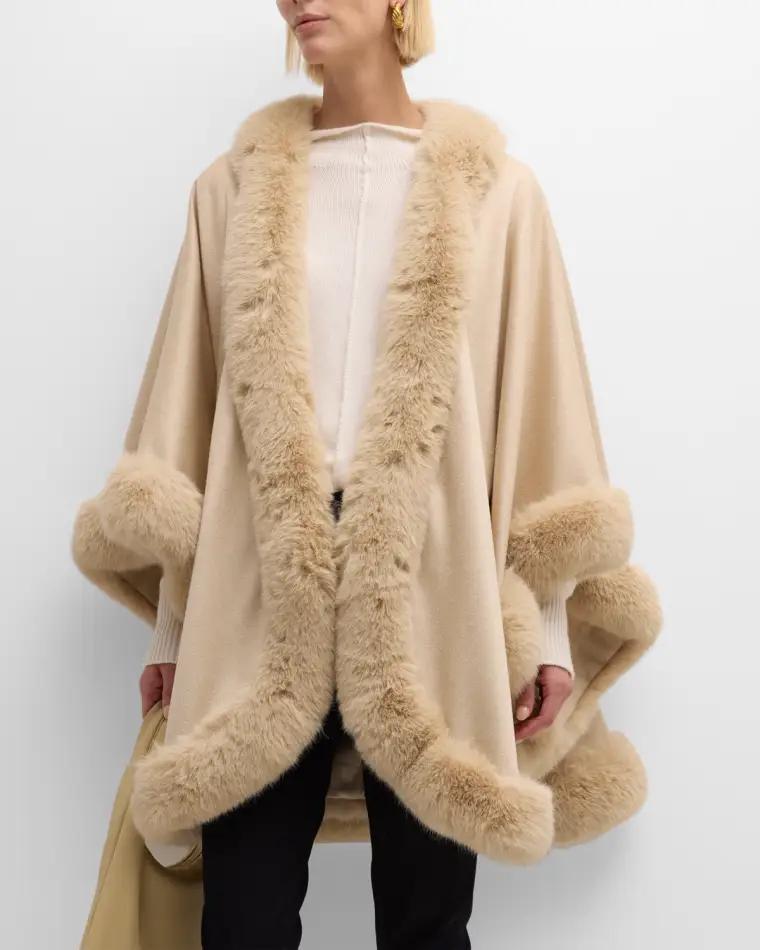 Cashmere Cape With Faux Fur Trim by SOFIA CASHMERE