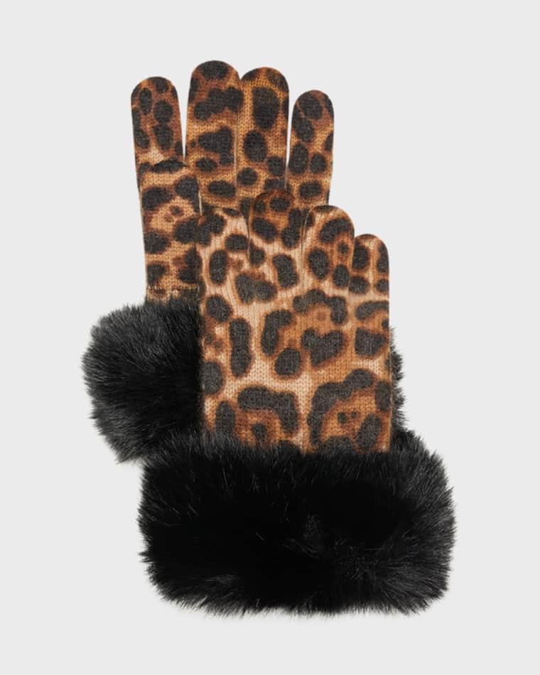 Leopard Print Cashmere Gloves w/ Faux Fur Cuffs by SOFIA CASHMERE Leopard Print Cashmere Gloves w/ Faux Fur Cuffs by SOFIA CASHMERE
