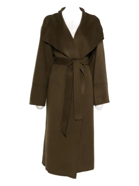 Long coat w wide lapels belted by SOFT GOAT