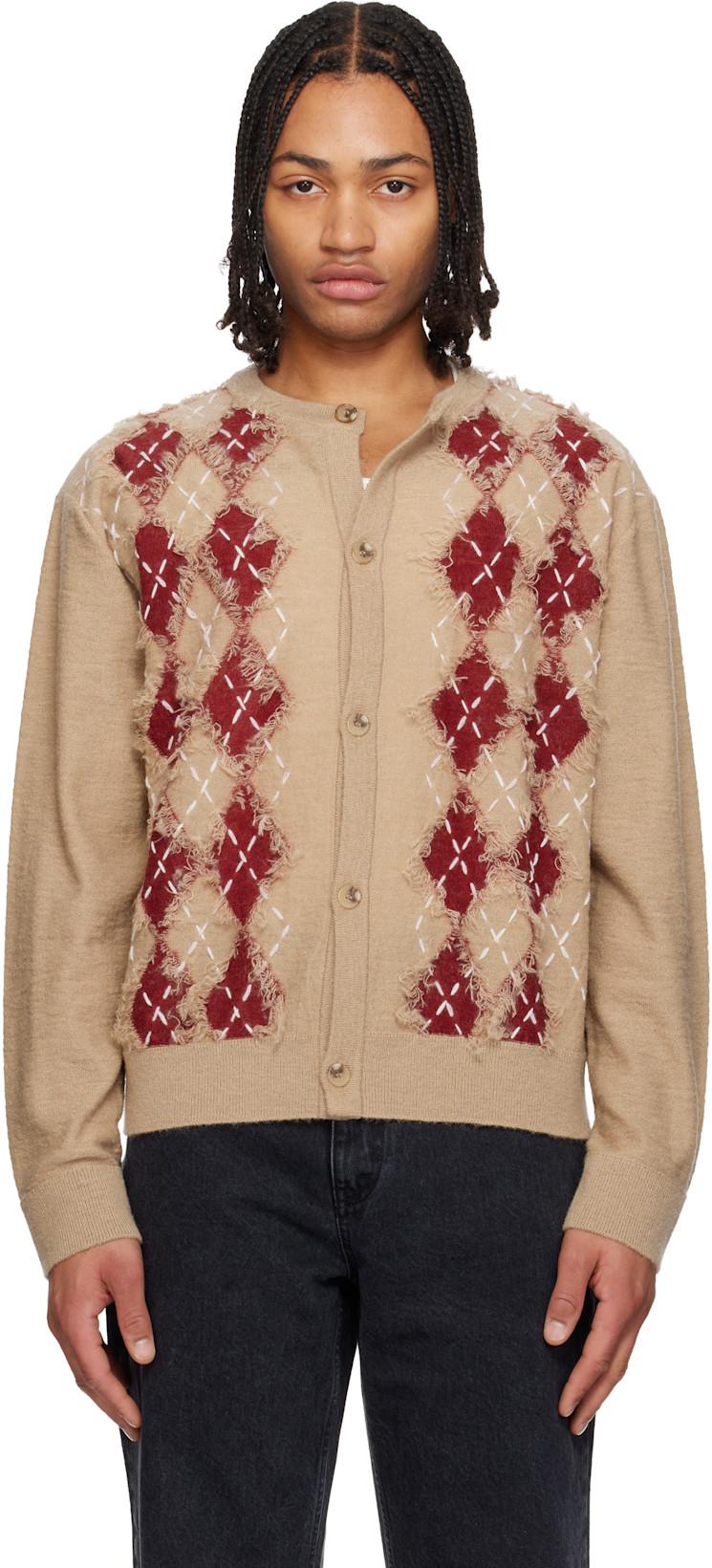 Beige Argyle Roundneck Cardigan by SOLID HOMME