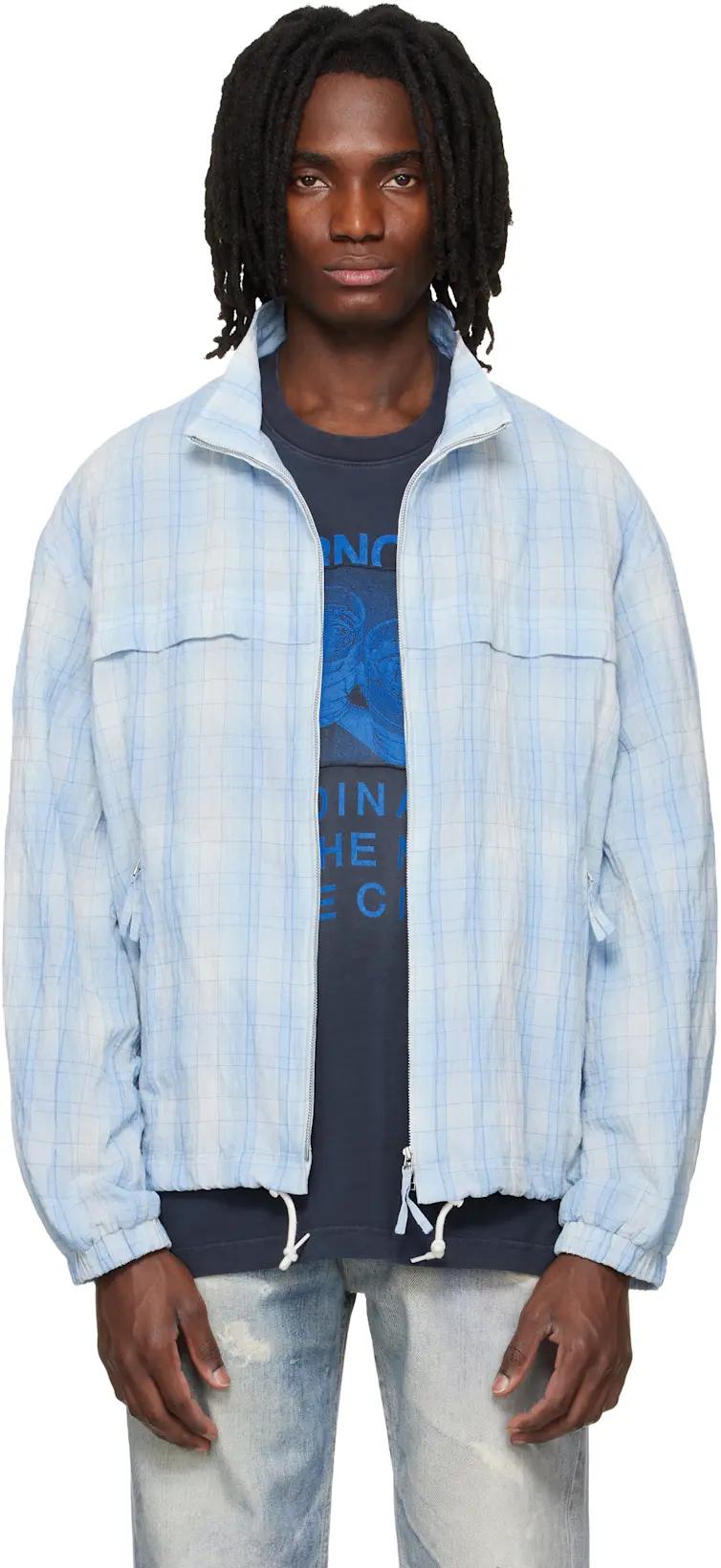 Blue High Neck Check Blouson Jacket by SOLID HOMME