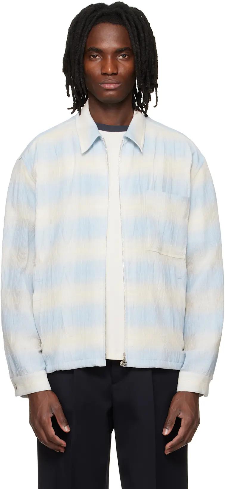 Blue & Beige Striped Zip-Up Shirt by SOLID HOMME