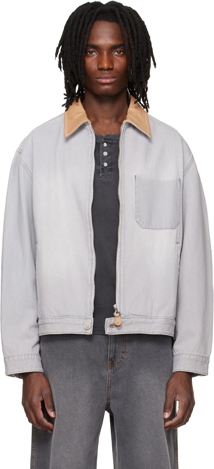 Gray Leather Collared Denim Trucker Jacket by SOLID HOMME
