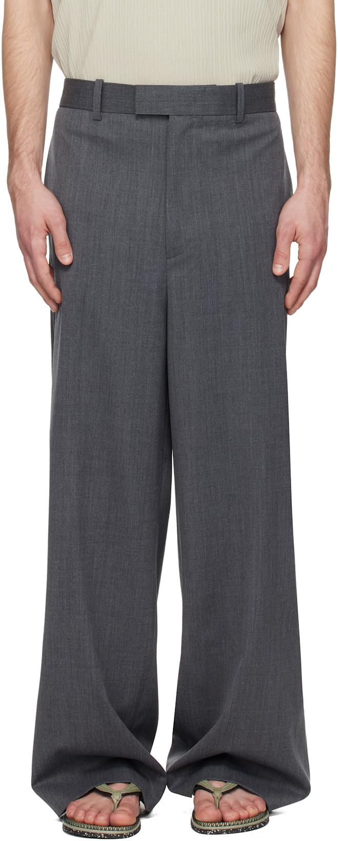Gray Semi-Wide Back Banding Trousers by SOLID HOMME