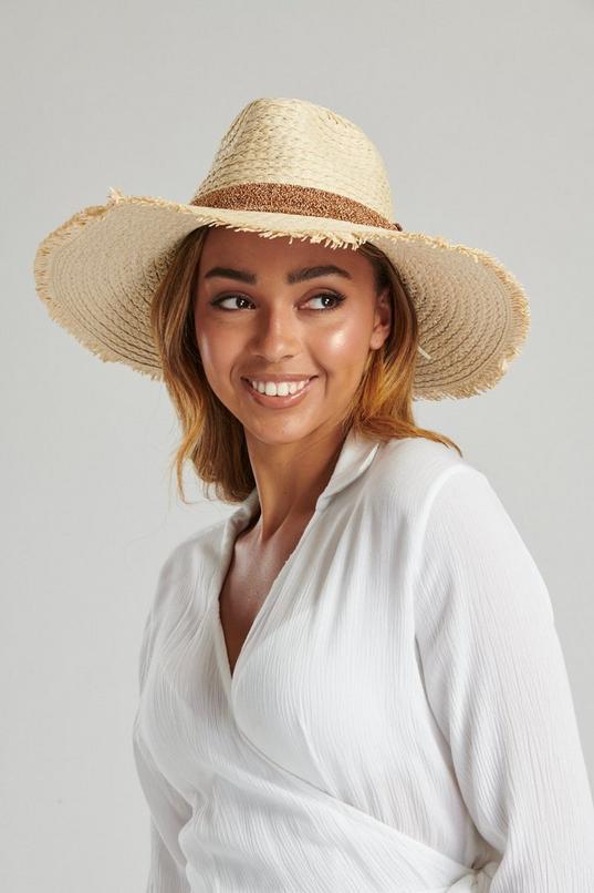 Fedora Hat With Frayed Edges & Metallic Band by SOUTH BEACH Fedora Hat With Frayed Edges & Metallic Band by SOUTH BEACH