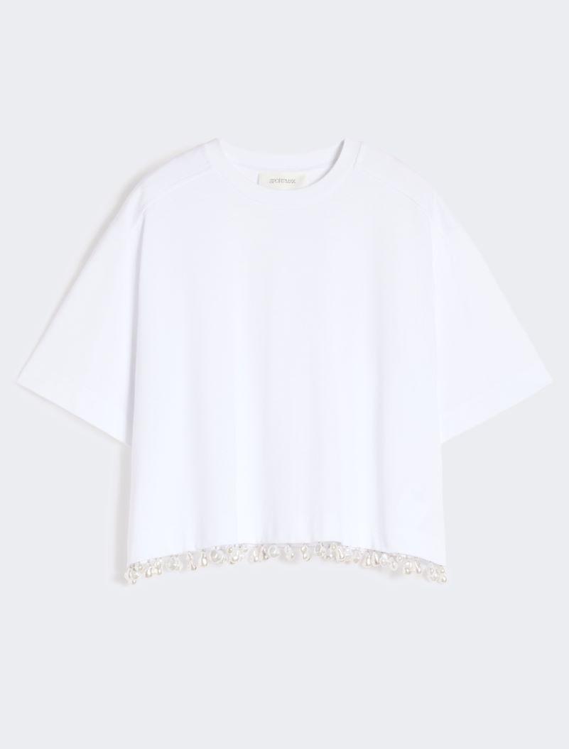 Pearl-embroidered cropped T-shirt - OPTICAL WHITE by SPORTMAX