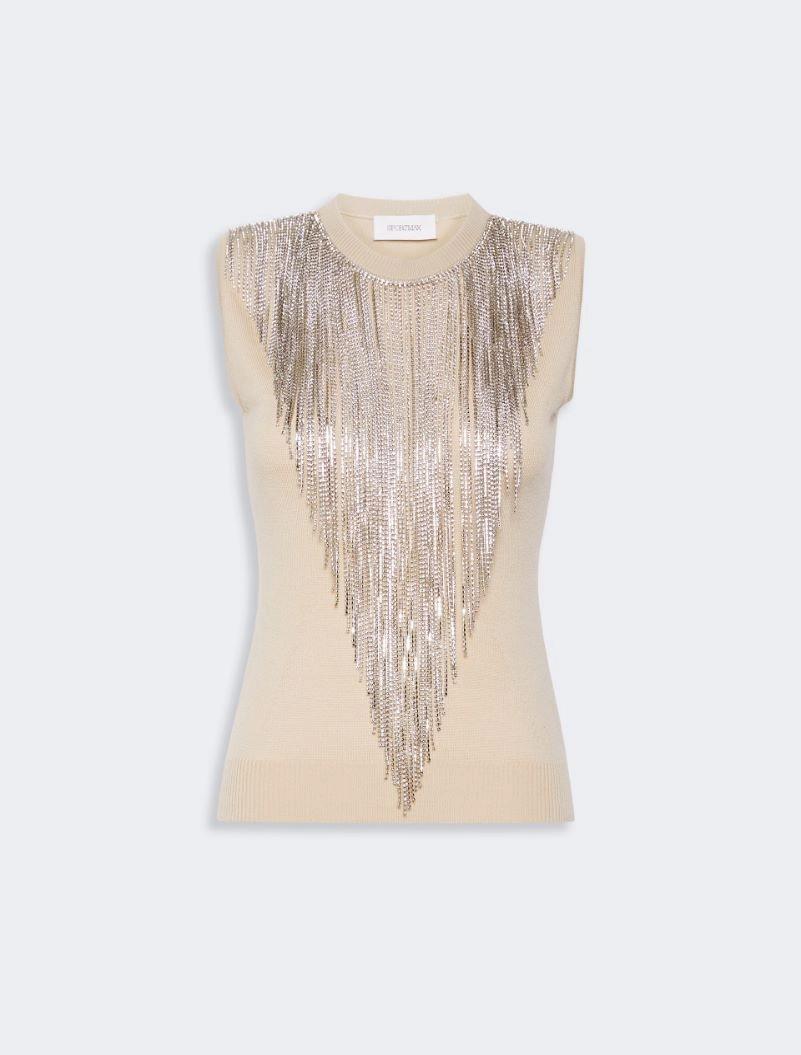 Wool top with bejewelled fringe detail - BEIGE by SPORTMAX