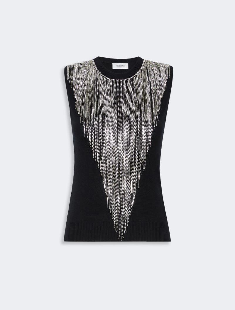 Wool top with bejewelled fringe detail - BLACK by SPORTMAX