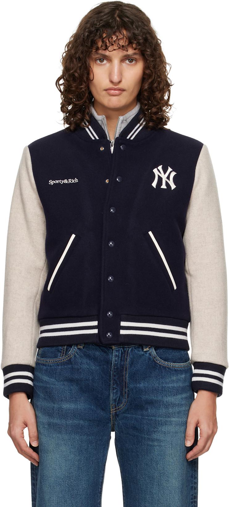 Navy & Beige Yankees Curve Wool Varsity Jacket by SPORTY&RICH