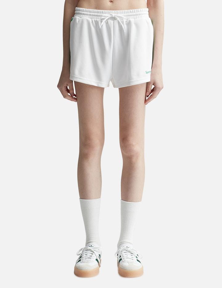 Serif Logo Roller Shorts White/Verde by SPORTY&RICH Serif Logo Roller Shorts White/Verde by SPORTY&RICH