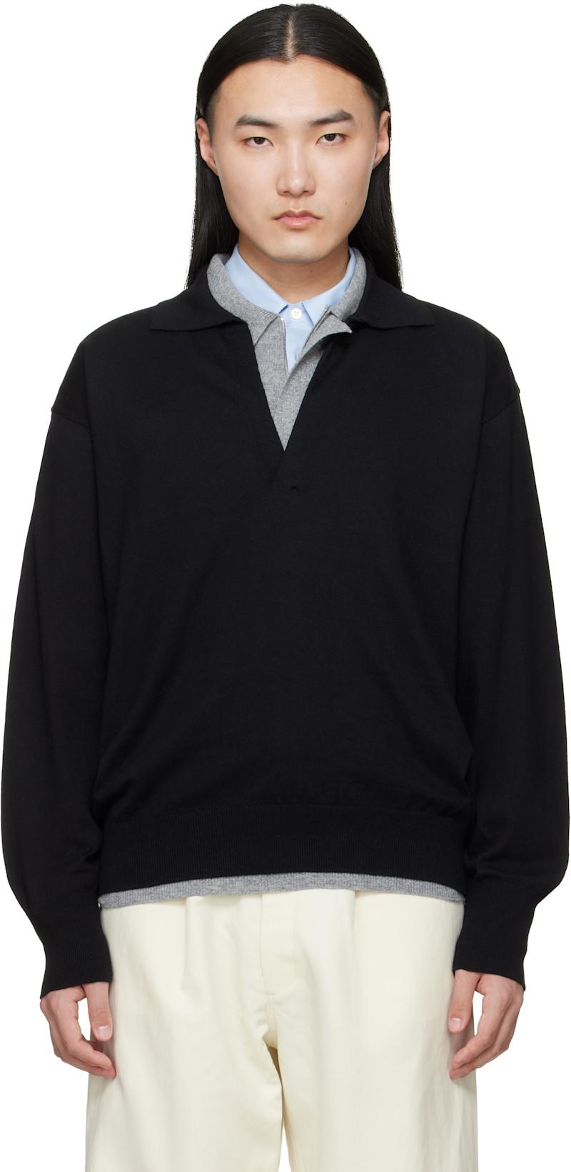 Black Organic Cotton Knit Skipper LS Polo by SSSTEIN