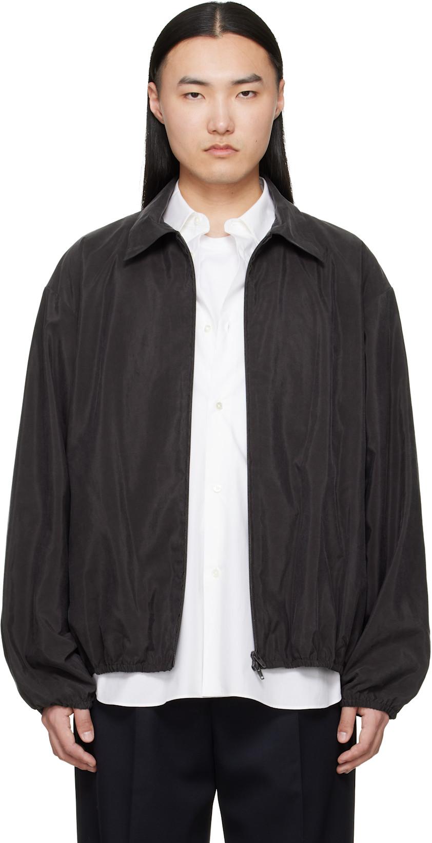 Brown Silk Nylon Collared Zip Jacket by SSSTEIN
