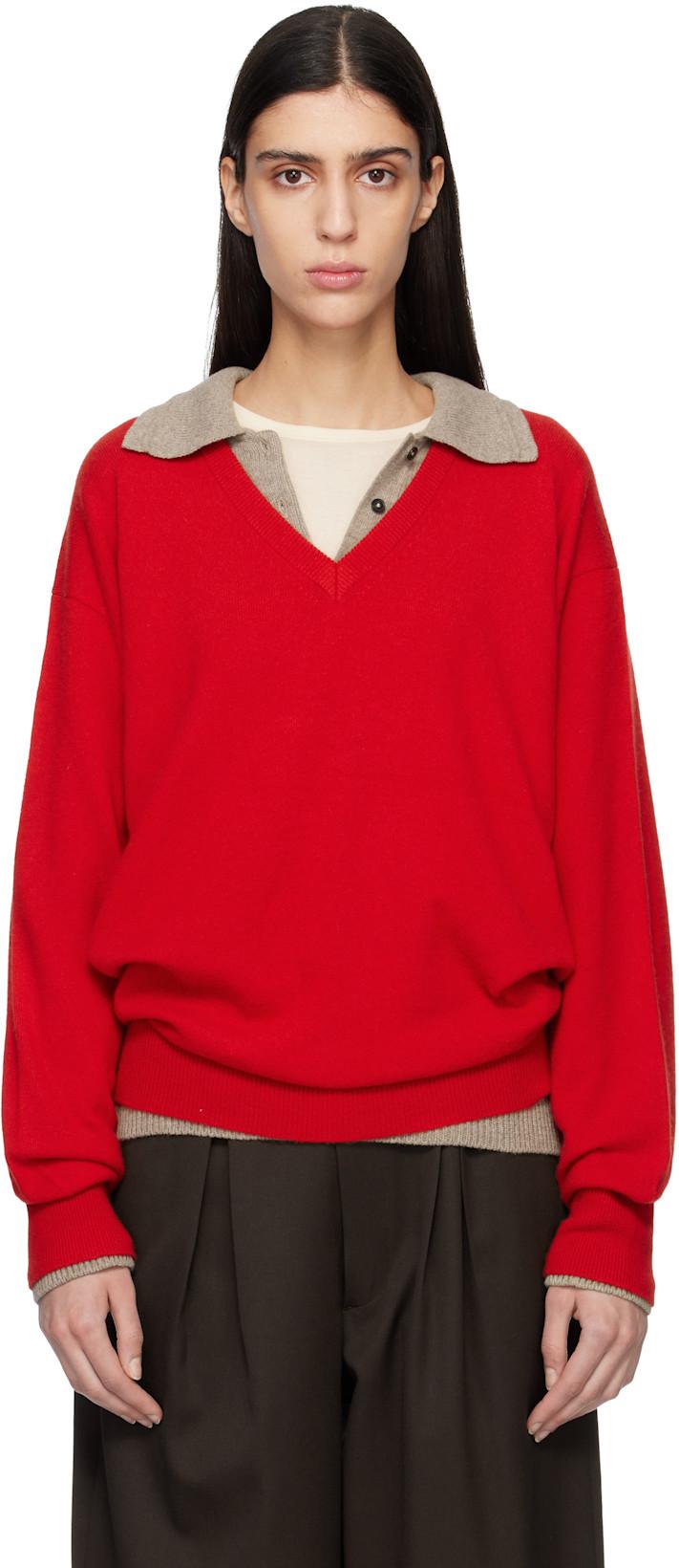 Red Pure Cashmere Knit V Neck LS Sweater by SSSTEIN