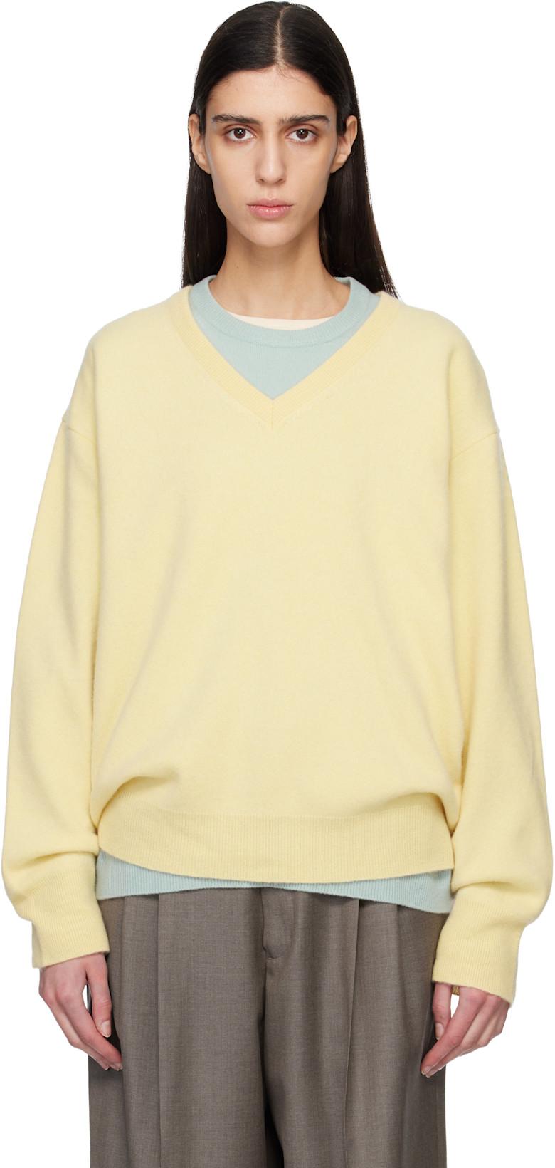 Yellow Pure Cashmere Knit V Neck LS Sweater by SSSTEIN