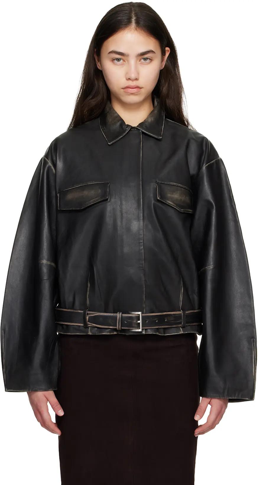 Black Brushed Belted Leather Jacket by ST. AGNI