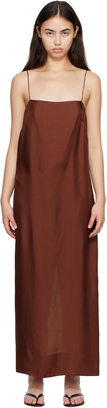 Brown 90s Silk Twill Slip Midi Dress by ST. AGNI