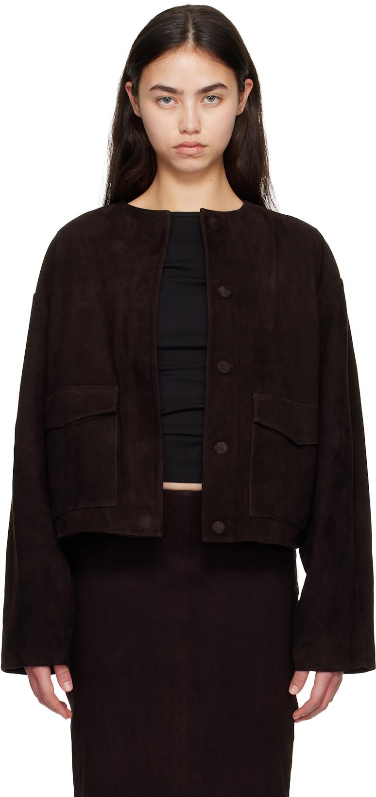 Brown Suede Utility Cocoon Bomber Jacket by ST. AGNI