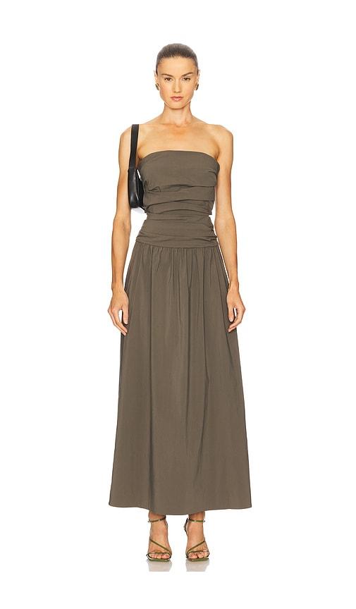 St. Agni Gathered Strapless Tie Back Dress in Brown by ST. AGNI
