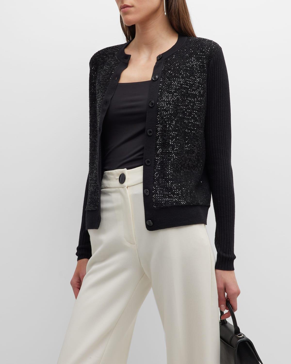 Sequin-Front Wide Rib Knit Cardigan by ST. JOHN
