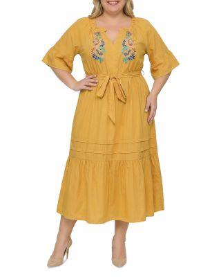 Plus Boho Embroidered Notched Tie Waist Half Sleeve Midi Dress by STANDARDS&PRACTICES