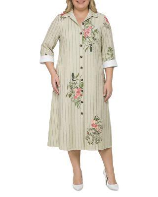 Plus Striped Floral Button Down Midi Shirt Dress by STANDARDS&PRACTICES